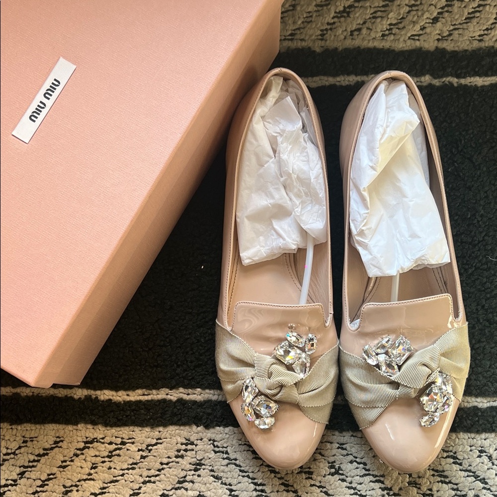 Miu Miu Patent Leather Loafers with Crystal Embellishments